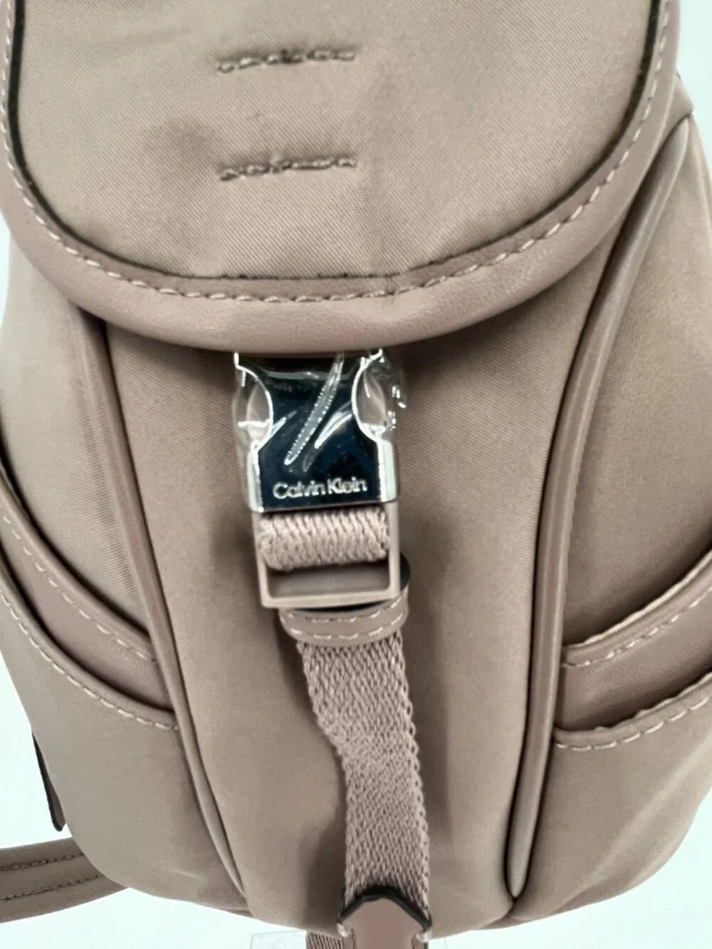 Calvin Klein Shay Mini Backpack Taupe Nylon Zip Buckle Front Pockets Adjustable